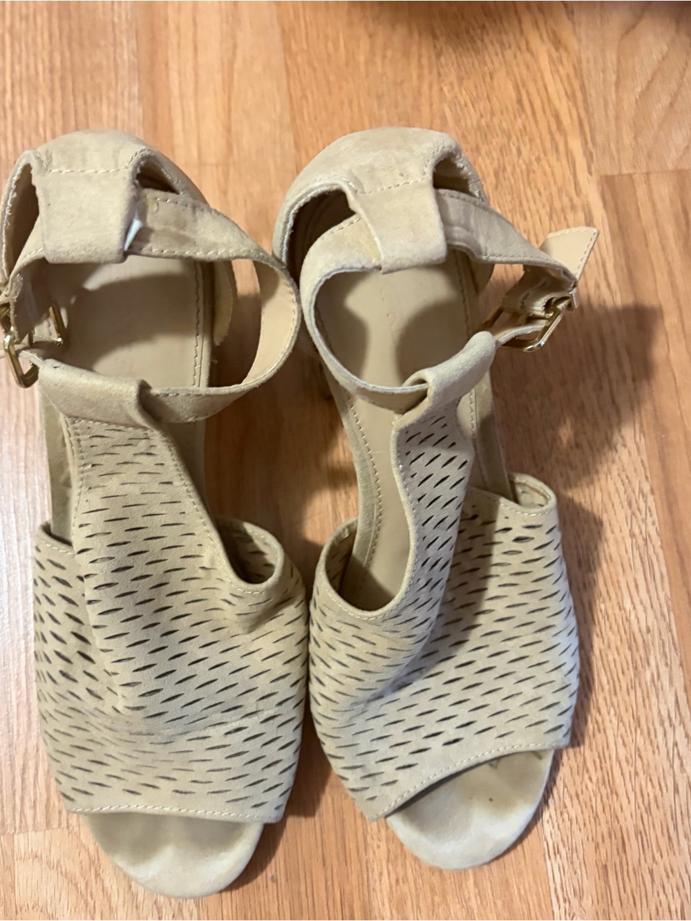 Women's Beige Suede Open-Toe Ankle Strap Heels